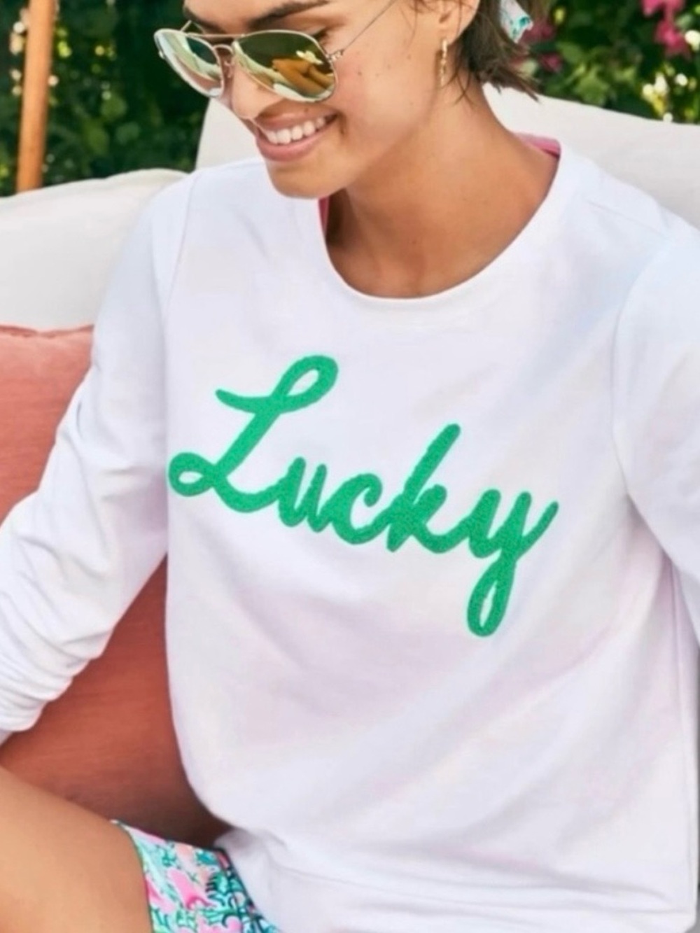 Lilly Pulitzer “Rami” LUCKY White Sweatshirt with Green "Lucky" Script Medium